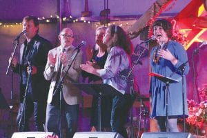 Performers at the North House Unplugged event kept the audience engaged and entertained last Saturday night. Kevin Kling, (insert) who can be heard on NPR’s All Things Considered, kept the audience laughing with his commentary. Singers shown, from left, are Dane Stauffer, Dan Chouinard, Prudence Johnson, Claudia Schmidt, and Simone Perrin.