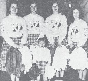 Doretta, 3-year-old daughter of the Gary Nelsons, held the spotlight at Vikings’ games in 1960 as she learned the routines of the cheerleading groups and, to the amazement of many, even knows the words of the school song! Pictured with Doretta, from left, are Carol Noyes, Diane Toftey, Dixie Soderlund and Bonnie Horen. Missing from the photo are Janis Toftey and Roberta Zimmerman.