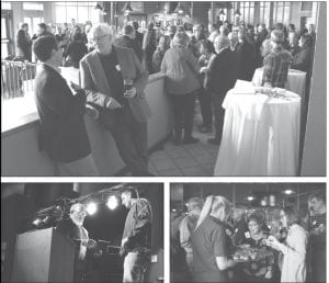 Top: In the foreground, Howard Hedstrom (facing the camera) and Baiers Heeren chat at the Gala. Above left: Cook County Chamber Director Jim Boyd presents Barry Pederson of North Shore Waste with a plaque for winning Business of the Year. Above right: Beth Kennedy (L) and Lynn Swanson are served snacks.