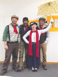 Left: The Scott Scheirbeck rink from the Duluth curling club won the team prize for their costumes at the Cook County Curling Club’s seventh annual Halloween Bonspiel. Above: Dressed as a clown, curler Rick Putnam won the costume contest.