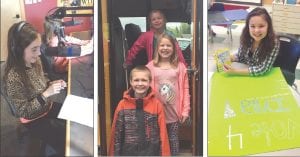 Above left: Amber Theiner records at WTIP. Above middle: Second grade school news trip, (top to bottom) Katie Shannon, Payton Quaife and Henry Kettleson. Above right: Iylla Christiansen prepares for Student Council election.