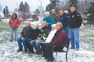 A plaque was dedicated to the late Don (Smasher) Wilson at the courthouse on Veterans Day for Wilson’s efforts to establish a memorial to veterans on the courthouse lawn in 2002. American Legion Post 413 Commander Bob Mattson gave a tribute to Wilson, who was the previous commander of the post. Starting in front from L-R: Laura Marxen, seated, Pete Wilson, Betty Wilson, Perry (Proof) Wilson, Donna Wilson, and Ronnie (CR) Wilson. Standing back from L-R: Bobbie Bockovich, Bruce Strand, Dick Bockovich, David Beckwith, and somewhat obscured in back, Pat Strand.