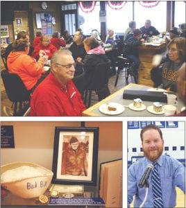 Top: Seated at a table, Clarence Everson gets ready to eat some cake after giving his keynote address in Grand Portage. Above left: The Cook County Historical Society had a roomful of displays of memorabilia from veterans, the late Bill Bally featured here. Above right: CCHS school counselor Kris Hoffmann led the Veterans Day celebration at the school.