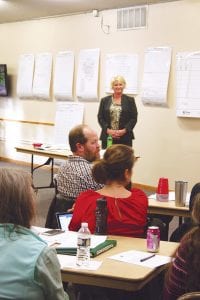 With Grand Marais City Administrator Mike Roth pictured in the foreground, Cook County Director of Emergency Management & Public Information officer Valerie Marasco led city, county, police, fire, hospital, and emergency responders in an afternoon meeting where she outlined the guidelines and steps taken to activate the Cook County Emergency Operations Center. The meeting was held at the Cook County Community Center this past week.