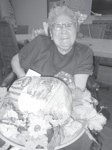 Bernice Legarde was the proud winner of a turkey at “Turkey Bingo” held on Nov. 16. Bernice donated her turkey to the “Monday Free Meal” at the Congregational Church.