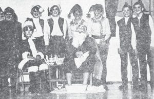 “What, No Santa Claus?” was the 1967 Christmas play presented by some sixth-graders at Grand Marais Elementary School. The cast included Clinton Helmerson and Donna Wojtysiak as Mr. and Mrs. Santa Claus, seated; (back row from left) Bill Riley, Mistletoe; Christy Cramblet and Leah Thomas, Jingle and Dingle; Terri and Traci Nelson, Winkie and Blinkie; Monte Lampel and Rolf Morck, Holly and Jolly; and two voices offstage by Marilyn Johnson and John Mianowski.