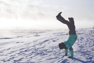 Haley Mae Nelson, the daughter of the late great Todd Nelson of Lutsen, is a chip off the old block. Todd was noted for his gymnastic ability and daredevil exploits, whether it was on the ski slopes or, frankly, anywhere else. This picture was taken Christmas Day 2017 at Artist Point. Haley spent time at Artist Point doing handstands, jumps, and other shenanigans as a way to pay tribute to Todd and wish him Merry Christmas. Todd perished in a kayak accident just off Artist Point late September 2002.