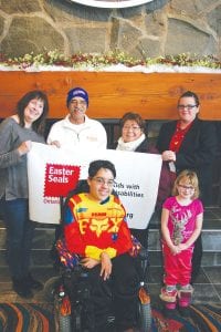 A kick-off lunch was held Wednesday, Jan. 3 at Grand Portage Lodge and Casino, Island View Restaurant, for the 2018 Snowarama for Easter Seals “Kids Crosses Borders” fundraiser that will start and finish Saturday, Feb. 10 in Grand Portage. In front are Zachary Pylychuk and Emilie Pike. In back, from left, are Rhonda Harrison, Tony Swader, Mary Anne Gagnon and Brittany Anderson.