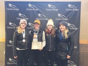 The Viking girls’ team won the Arrowhead Conference ski meet over a large talented field of skiers. Team members from L-R: Sela Backstrom, Hallie Lamb, Elsa Lunde, and Reilly Wahlers.