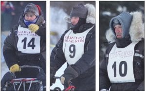 Above: Getting ready to start, each man contemplates the race before taking off with his dog teams on a great adventure. From L-R: Nathan Schroeder (14), Mat Schmidt (9), and Dennis Tremblay (10). Left: Brian Bergen and his team is off and running.