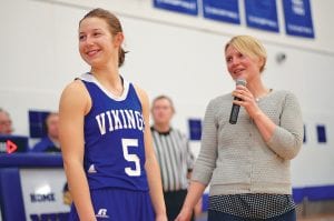 Head basketball coach Kelly Hawsen gave a nice send off for senior starting guard Maya McHugh to the audience attending the Carlton game. The game against Carlton was McHugh’s last as a Viking. She graduated early and is already in Spain where she is working.