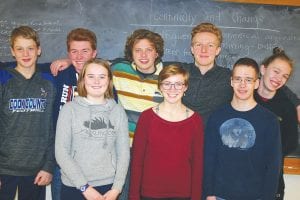 The kids from Cook County have been putting in some great performances in Knowledge Bowl competitions, but none better than the competition held at Mountain Iron, where they swept the top two places. Starting in front, from left, Amelia Roth, Robin Henrickson, and Lance Bartol. In back, from left, are Adam Dorr, Leif Anderson, Lynden Blomberg, Andy Kern and Linnea Gesch.