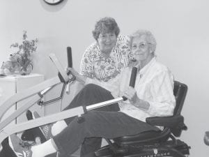 Our rehabilitation (rehab) room is always busy – especially during the winter months. Michelle Lehto, rehab aide, assists Mary Liebsch as she gets a good workout.