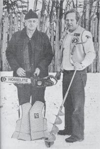 A 20-plus-year tradition was continued in February 1979 when Lions Club Trout Derby Chairman Pappy Wright, left, and prize committee chairman Steve Quaife displayed the prizes to be given away to the winning ice fishermen. The three-day gala-filled event on Gunflint Lake included a Fun Night at Kerfoot’s Kove, guided snowmobile trail rides, and the Grand Marais Grand Tour Cross Country Ski Race-Tour at Pincushion.