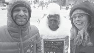 Although Lonnie Dupre and Pascale Marceau don’t have time to read many books when they are climbing mountains, they do have favorite authors and Jack London is certainly one of them. Here they pose with a bust of Jack London in Whitehorse Yukon.