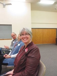 A smiling Connie Thorp traveled from Stacy, Minnesota to visit the Cook County GOP convention and asked those in attendance to support Phillip Parrish’s run for Minnesota governor. Thorp is Parrish’s campaign manager.