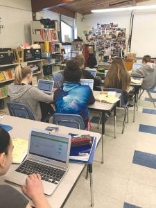 Thanks to a Lioness grant, eighth-grade students in Susan Nelson’s language arts class honed their grammar skills using IXL computer tutorials. The lesson they were working on, said Nelson, was comma use when confronted with appositives, conjunctions, independent clauses, and dependent clauses.