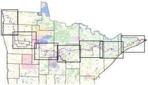 The seven squares and the line running through them mark the proposed border-to-border Off Road Vehicles (ORV) route. It is being touted as a scenic driving route. Opponents of the route favor that instead the DNR work on building alternative low impact OHV closed loop parks like the one in Gilbert, Minnesota.