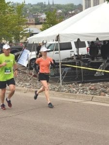 Jeff Cadwell and Lynne Wiitala run together in Grandma’s Marathon. Jeff beat Lynne by about a minute on a great day to cover 26.2 miles on foot.