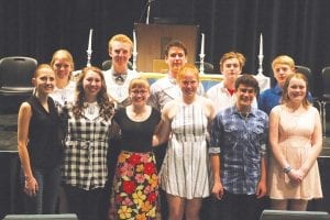 Congratulations to the new members of the Shingobee Chapter of the National Honor Society! The induction ceremony was held April 23 with Kris Hoffman as speaker. Kathryn Ramberg is humbled to take over the advisor position from decades-long advisor Ivy Church. Students in front row L-R: Elsa Lunde, Abigail Prom (president), Robin Henrikson, Chloe Blackburn, Doran Acero, Amelia Roth. Back row L-R: Lucia Callender, Andrew Kern, David Blackburn, Jack Haussner, Adam Dorr. Students with stoles on are current members. Students without stoles are the new inductees. Current members not present for this picture were Linnea Henrikson, Daphne Lacina (treasurer), Maya McHugh (secretary), and Bryn Soland. New inductee not present was Will Surbaugh.