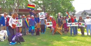 About 40 people took part in a march in support of gay rights on Saturday, June 23, in Grand Marais. Participants began at the United Church of Christ (UCC) and marched down and around town. As they walked the people chanted: “This is what community looks like.” Afterward a picnic was held on the UCC grounds.